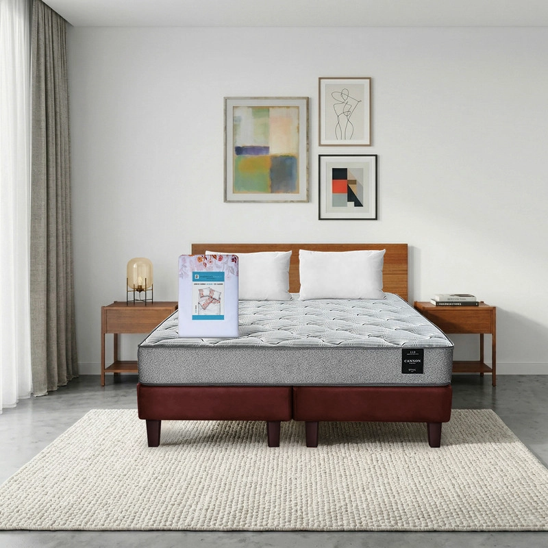 COMBO CAMA CANNON 2 PLAZAS BASE DIVIDIDA TELA + TEXTIL + RESPALDO + 2 VELADORES ORION - 1