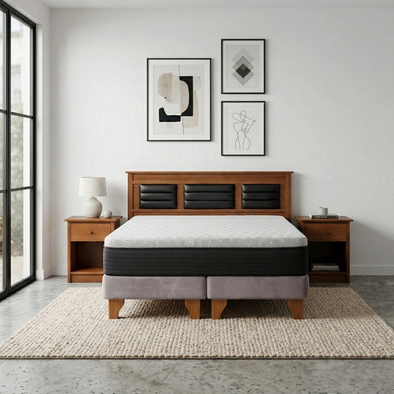 Cama Europea New Top Colchon Resortes 23 Cm 2 Plazas Tela Velvet + Maderas Altair - 1