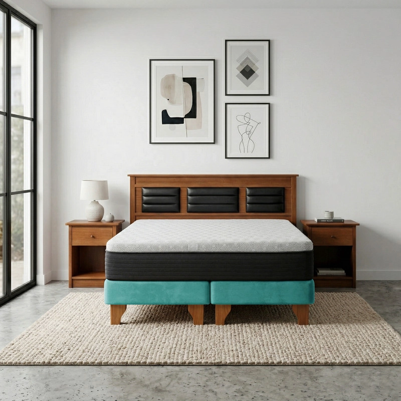 Cama Europea New Top Colchon Resortes 23 Cm 2 Plazas Tela Velvet + Maderas Altair - 1