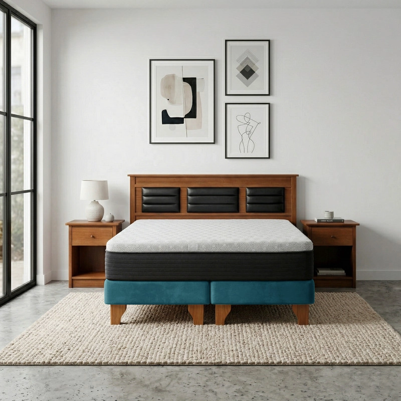 Cama Europea New Top Colchon Resortes 23 Cm 2 Plazas Tela Velvet + Maderas Altair - 1
