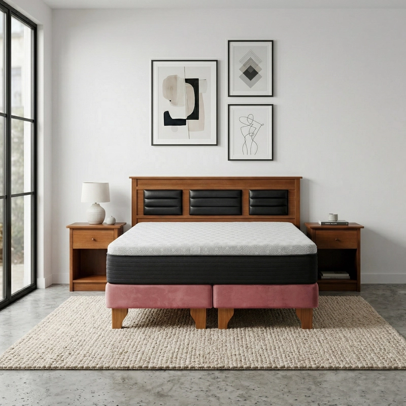 Cama Europea New Top Colchon Resortes 23 Cm 2 Plazas Tela Velvet + Maderas Altair - 1