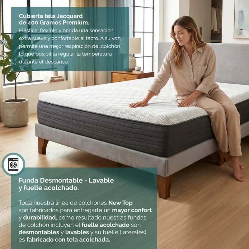 Cama Europea New Top Colchon Resortes 23 Cm 2 Plazas Tela Velvet + Maderas Altair - 6