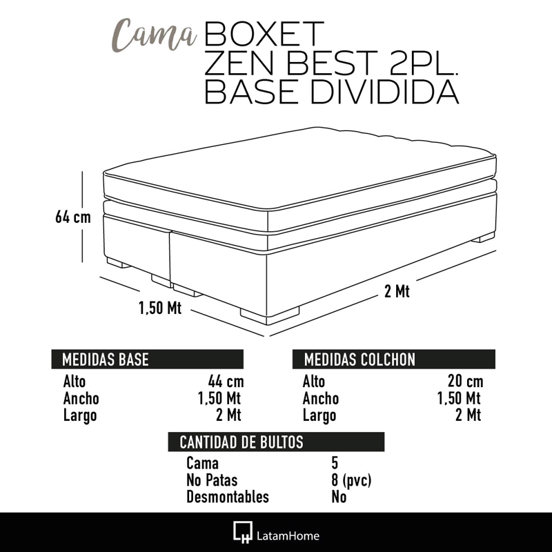 CAMA BAUL 2 PLAZAS BASE DIVIDIDA COLCHON RESORTES ZEN PRO CON FUNDA LAVABLE TELA GRIS - 4