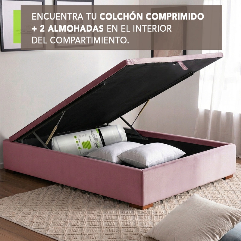 CAMA FUNCIONAL BAUL FULL 1.35 MT COLCHON COMPRIMIDO + 2 ALMOHADAS TELA - 1