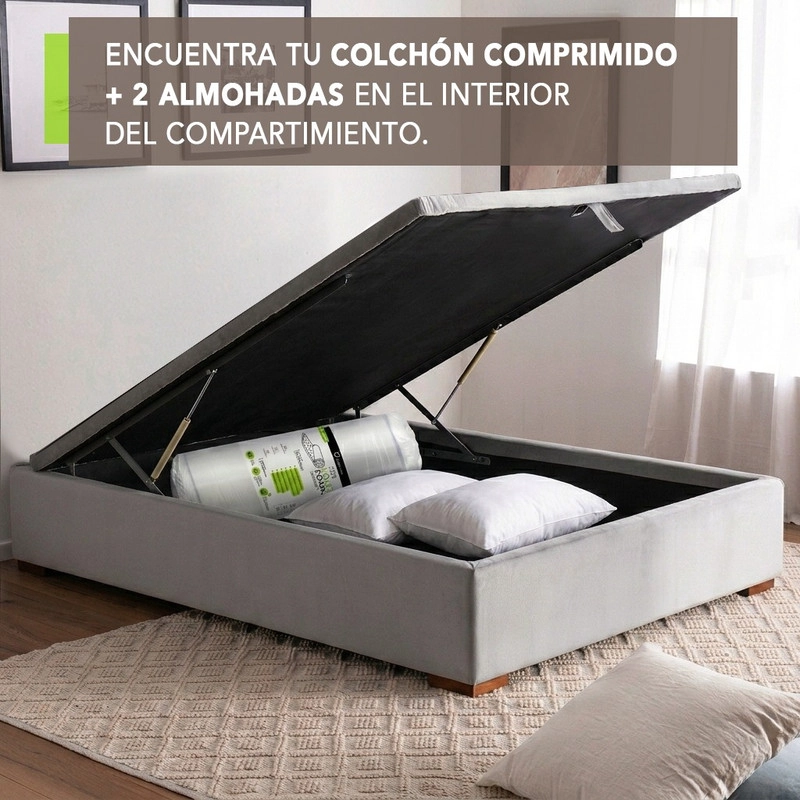 CAMA FUNCIONAL BAUL FULL 1.35 MT COLCHON COMPRIMIDO + 2 ALMOHADAS TELA - 2