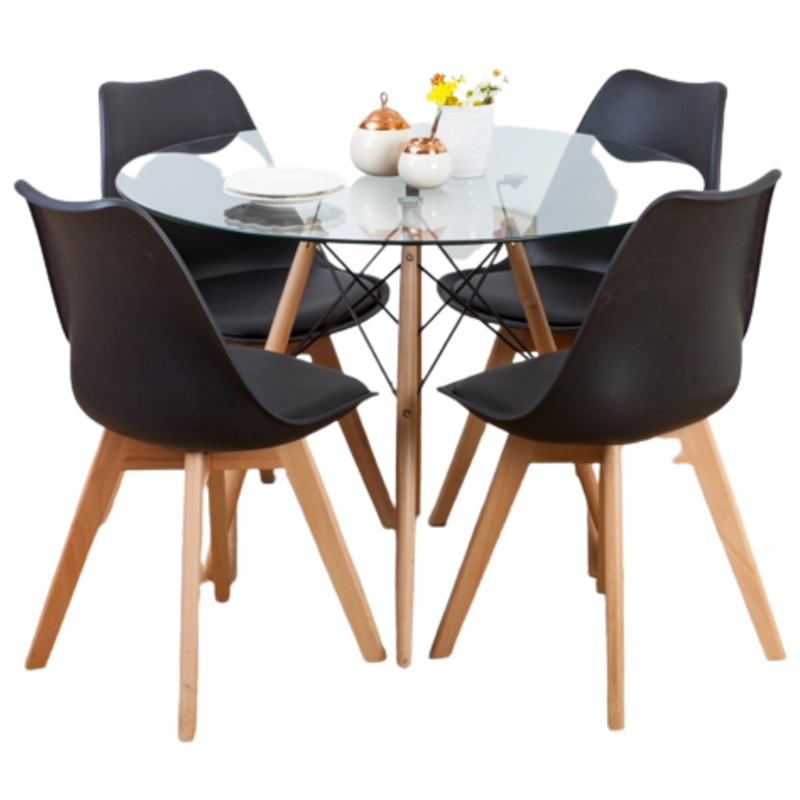 COMEDOR MESA EAMES REDONDA DE VIDRIO 100CM Y 4 SILLAS TULIP EN COLOR NEGROS - 1