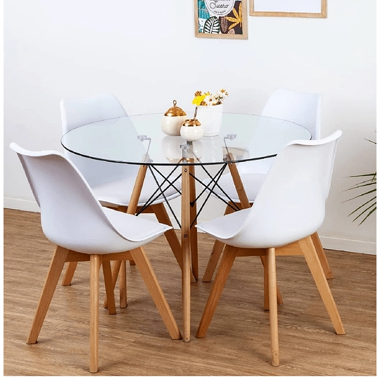 COMEDOR MESA EAMES REDONDA DE VIDRIO 80CM Y 4 SILLAS TULIP EN COLOR BLANCOS - 2