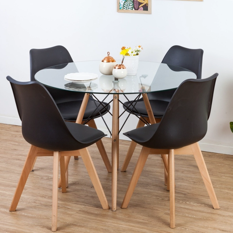 COMEDOR MESA EAMES REDONDA DE VIDRIO 80CM Y 4 SILLAS TULIP EN COLOR NEGROS - 2