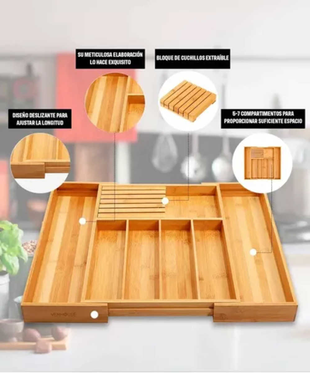 ORGANIZADOR DE CUBIERTOS BAMBÚ AJUSTABLE 7 COMPARTIMIENTOS - 2