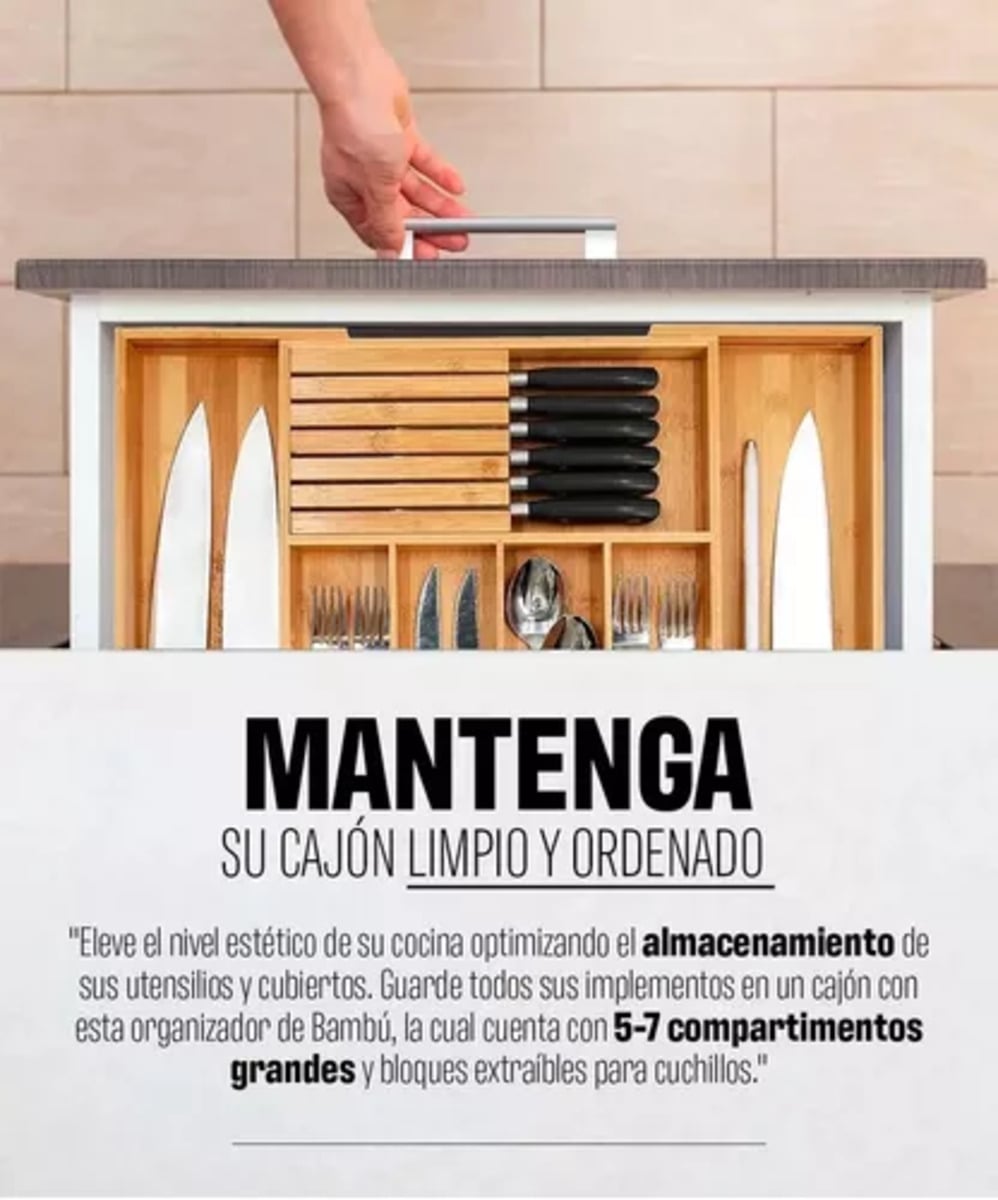 ORGANIZADOR DE CUBIERTOS BAMBÚ AJUSTABLE 7 COMPARTIMIENTOS - 4
