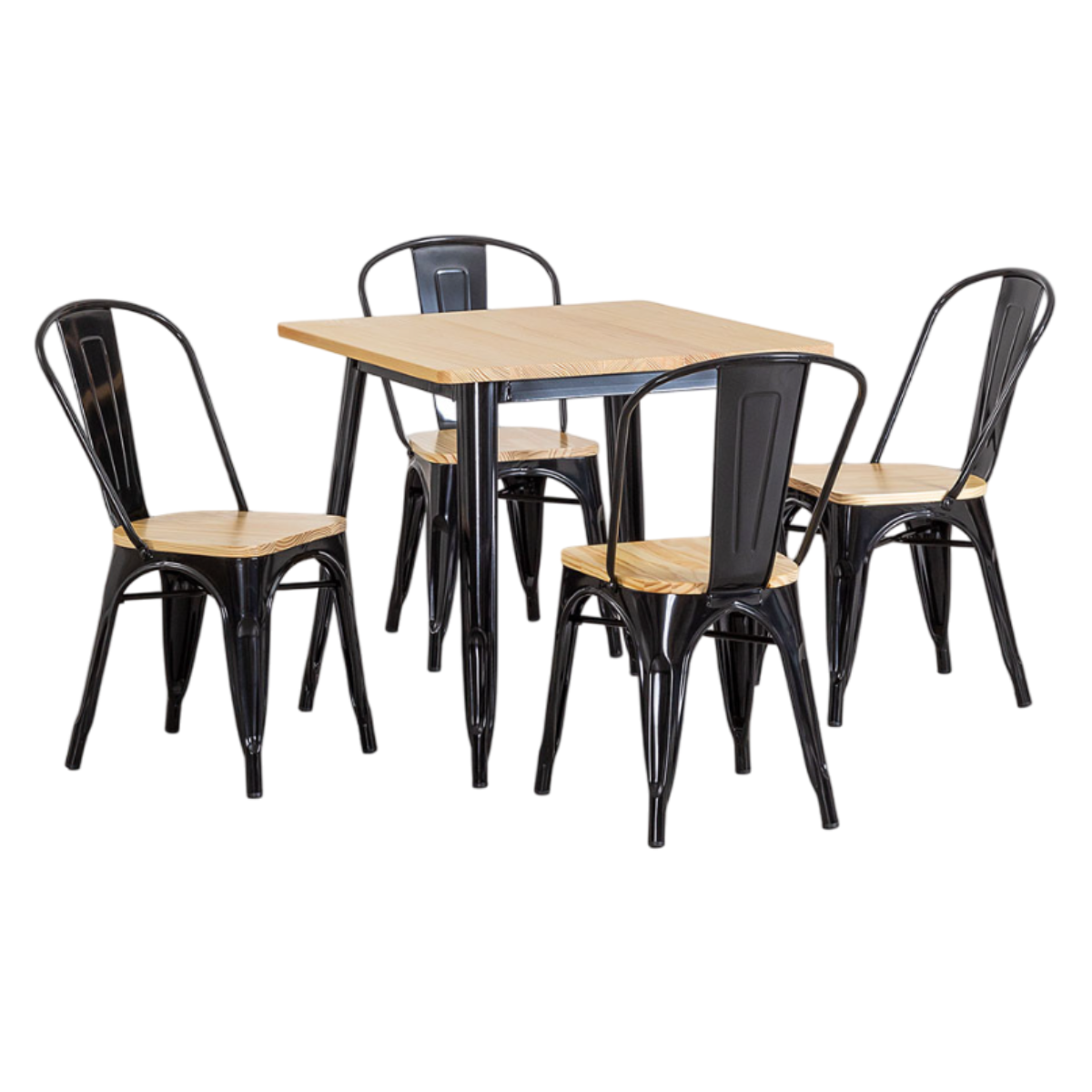COMEDOR TOLIX MESA CUADRADA 70X70CM Y 4 SILLAS TOLIX ASIENTO MADERA - 1