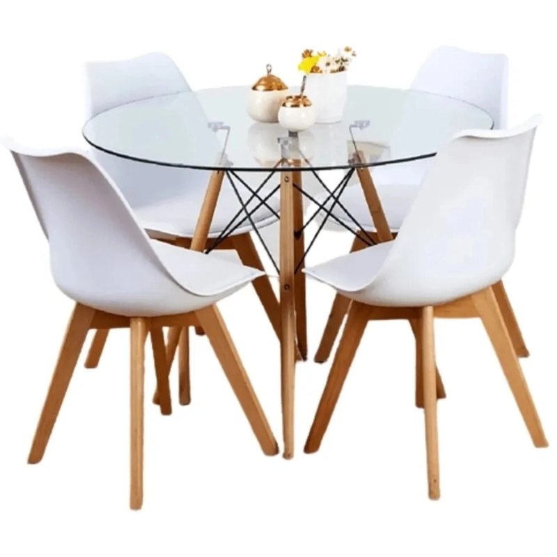 COMEDOR MESA EAMES REDONDA DE VIDRIO 100CM Y 4 SILLAS TULIP EN COLOR BLANCOS - 1