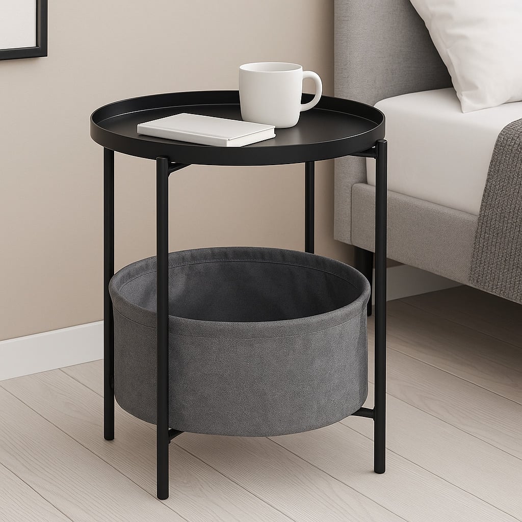 MESA LATERAL AUXILIAR 2 NIVELES CON CESTA 42X42X52CM EN COLOR NEGRO - 2
