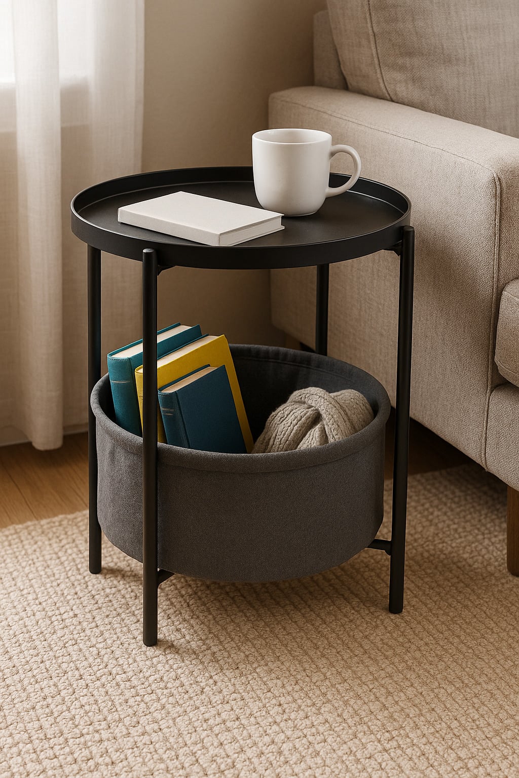 MESA LATERAL AUXILIAR 2 NIVELES CON CESTA 42X42X52CM EN COLOR NEGRO - 3