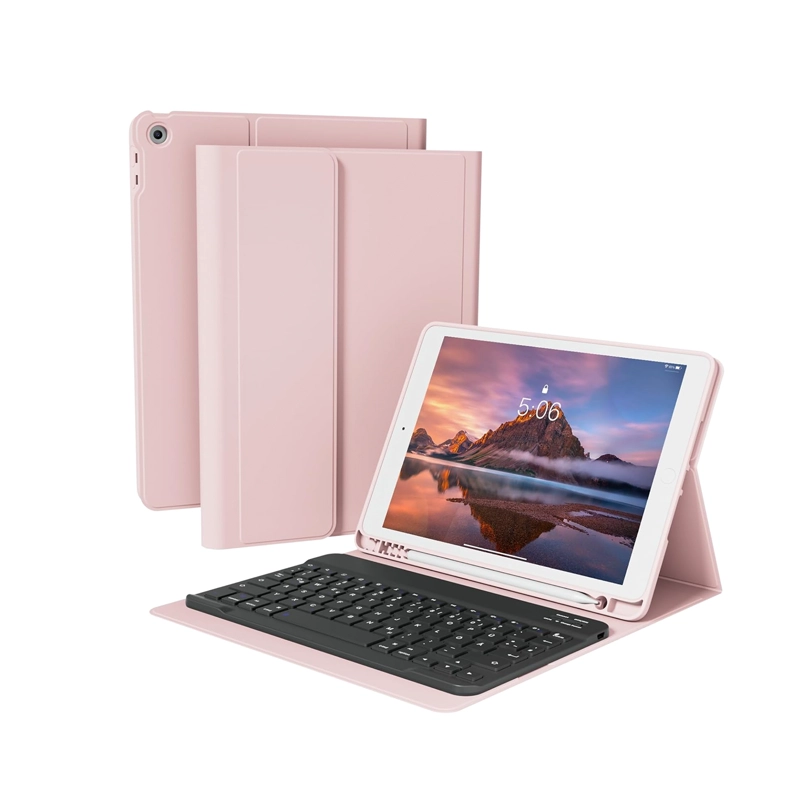 FUNDA CON TECLADO COMPATIBLE CON IPAD 10.2 7 8 9 RANURA LAPIZ ROSADO - 1