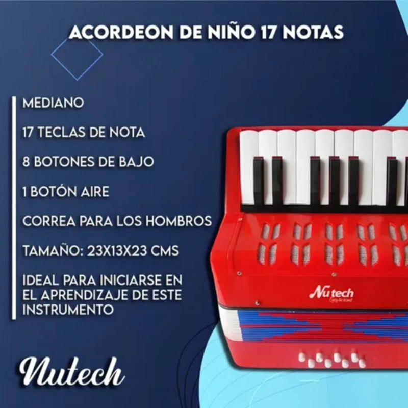 ACORDEON DE NIÑO 17 TECLAS 8 BAJOS COLOR ROJO NUTECH ROJO - 3
