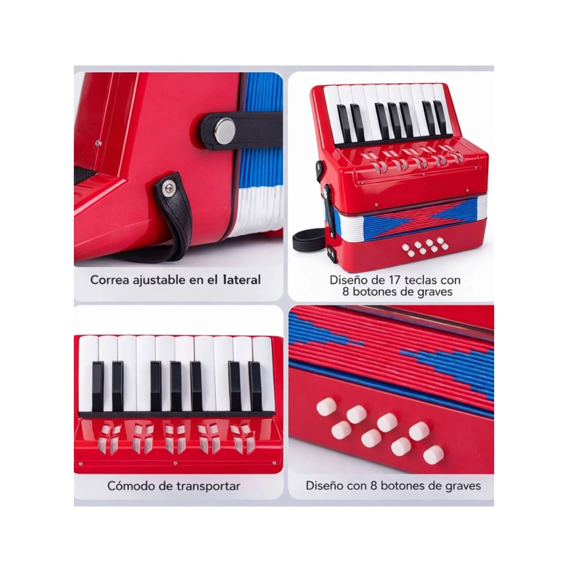 ACORDEON DE NIÑO 17 TECLAS 8 BAJOS COLOR ROJO NUTECH ROJO - 6