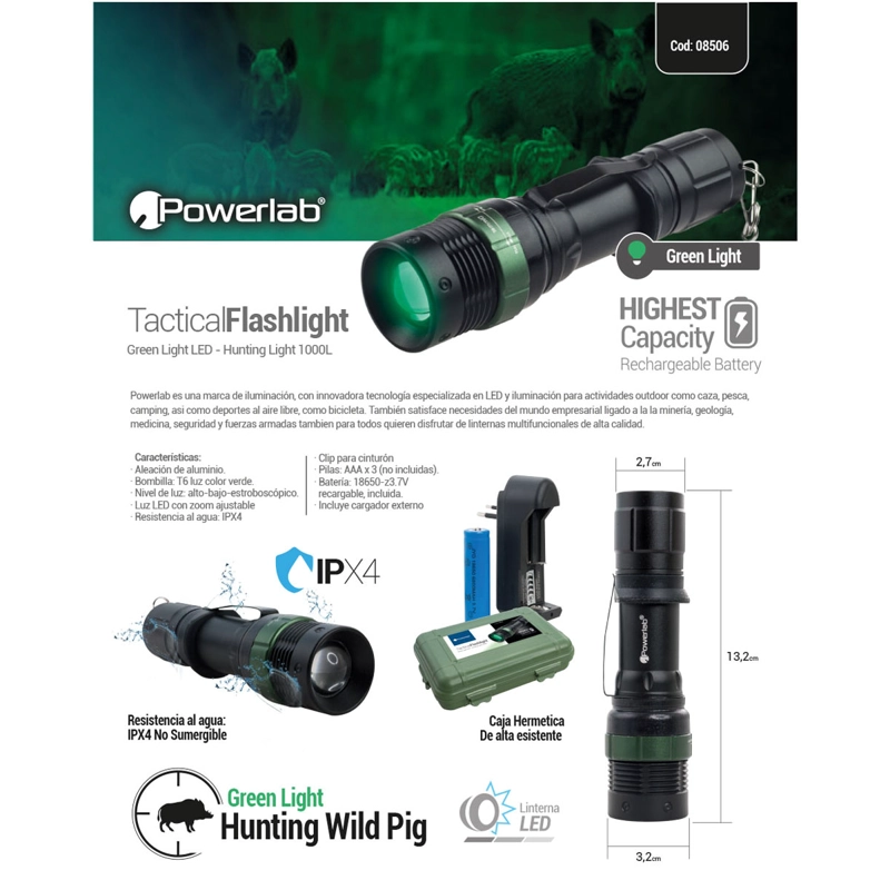 LINTERNA POWERLAB LED TACTICA ZOOM 1000 LM LUZ VERDE 8506 - 6