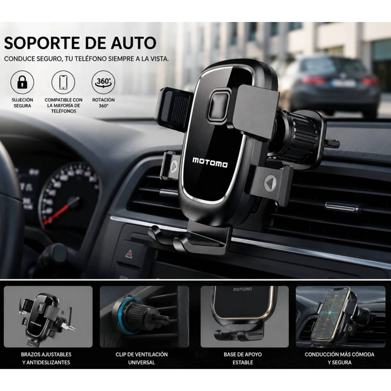 SOPORTE PARA AUTO MOTOMO CON SUJETADORES CONEXIÓN SALIDA DE AIRE - 4