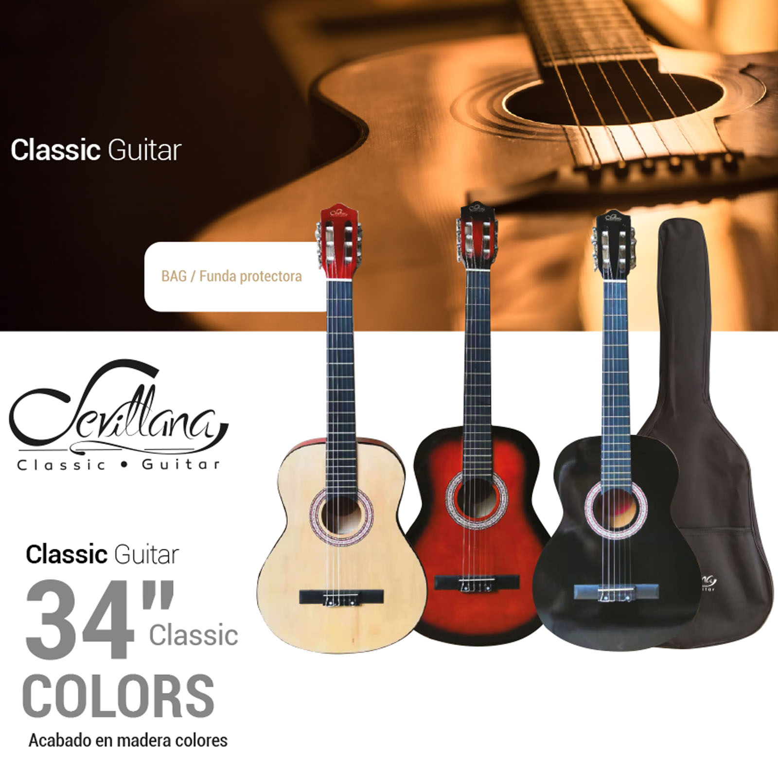 GUITARRA CLASICA SEVILLANA 34 PULG ACABADO DE MADERA SUNBURS - 4