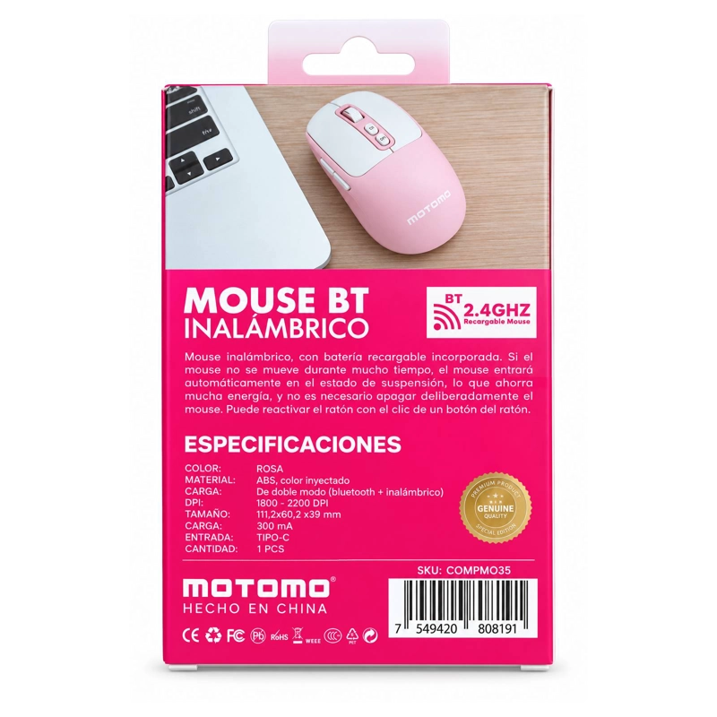 MOUSE INALAMBRICO DUAL USB/BLUETOOTH RECARGABLE 1800DPI ROSA - 5