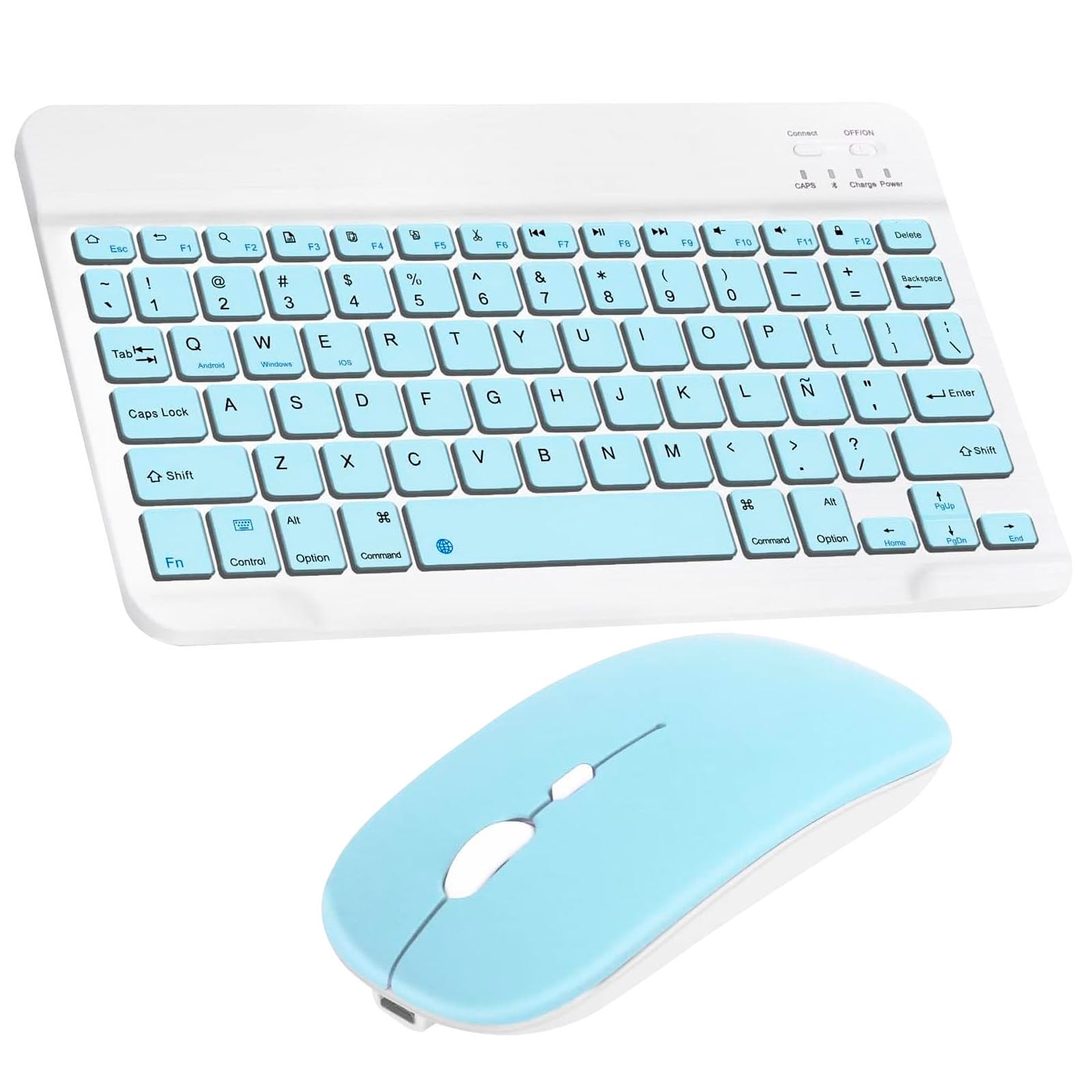COMBO TECLADO MOUSE BLUETOOTH ESPAÑOL CON Ñ RECARGABLE CELESTE - 1