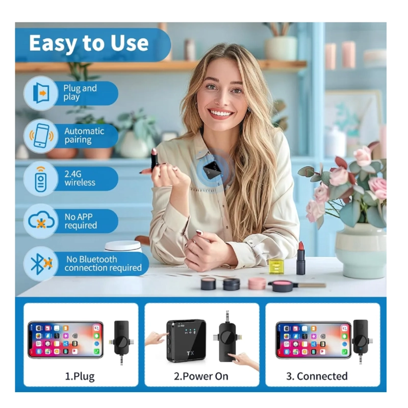 MICROFONO DE SOLAPA INALAMBRICO 3 AUXILIAR,USB-C PARA IPHONE - 5