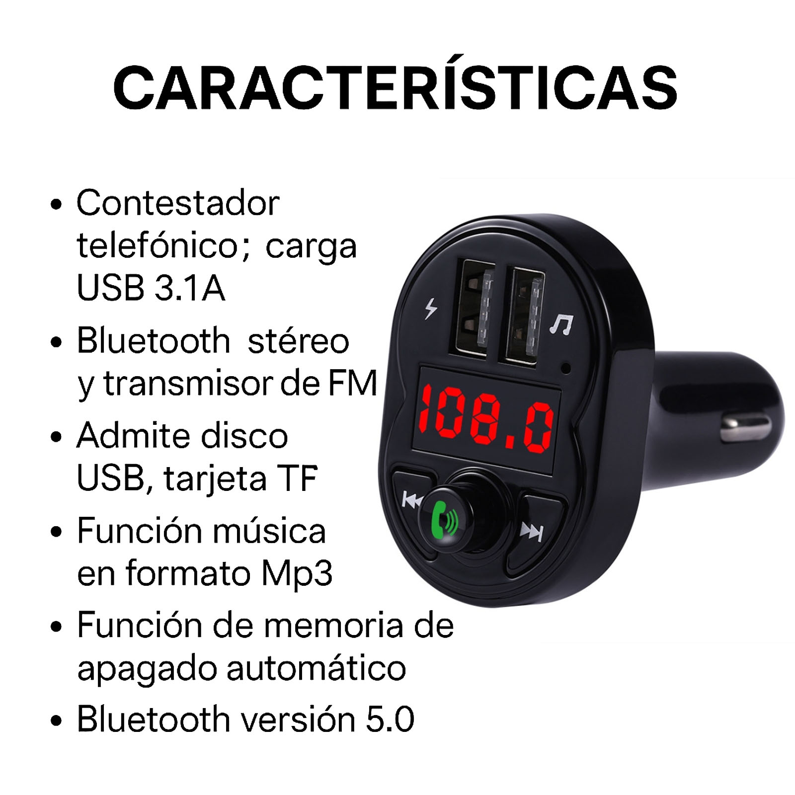 TRANSMISOR FM RECEPTOR BLUETOOTH CARGA USB PUERTO TF MO-02 - 2
