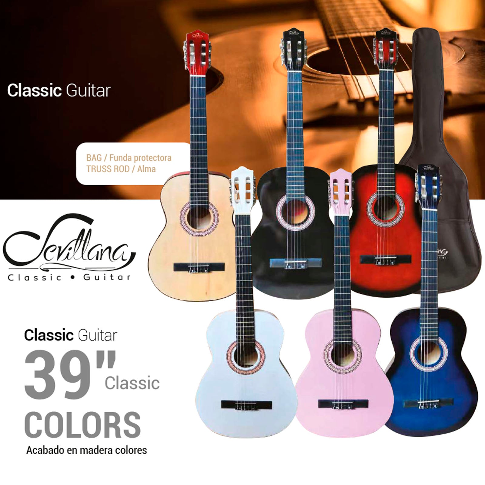GUITARRA CLASICA FUNDA 39 PULGADAS SEVILLANA ROSA - 5