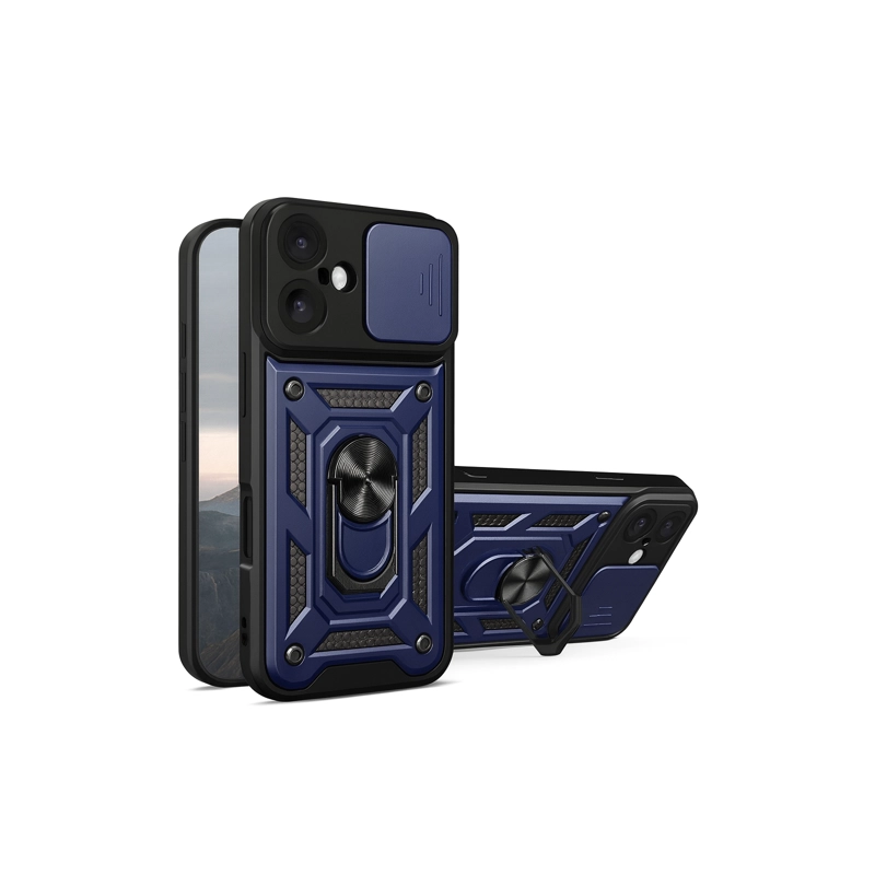CARCASA ARMADURA CON ANILLO Y VENTANA CAMARA PARA IPHONE 17 AZUL - 1