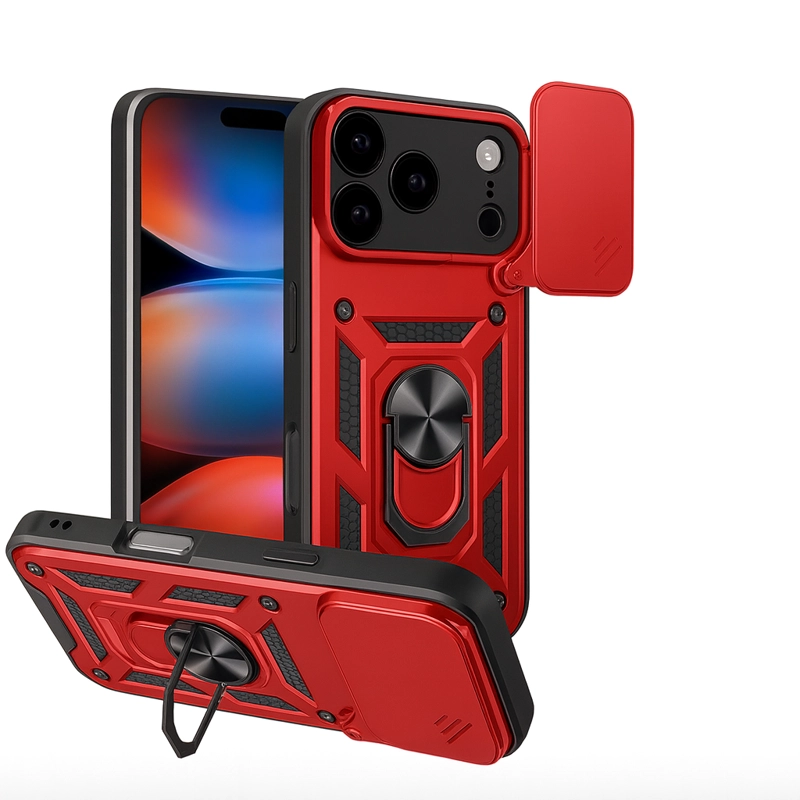 CARCASA ARMADURA CON ANILLO Y VENTANA CAMARA PARA IPHONE 17 PRO ROJO - 1