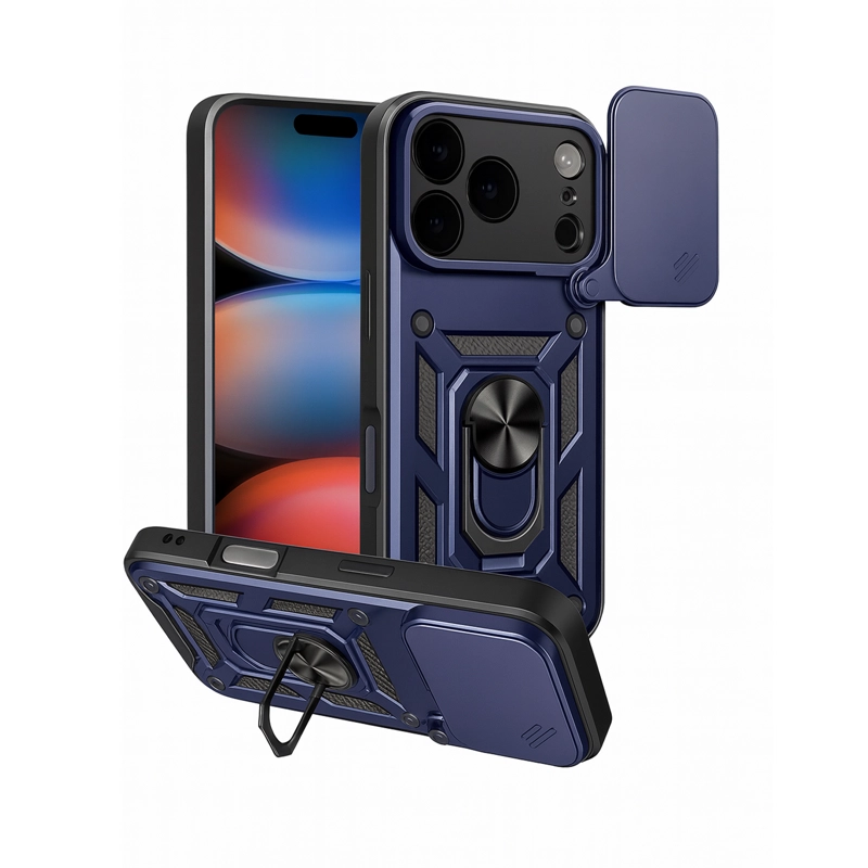 CARCASA ARMADURA CON ANILLO Y VENTANA CAMARA PARA IPHONE 17 PRO AZUL - 1