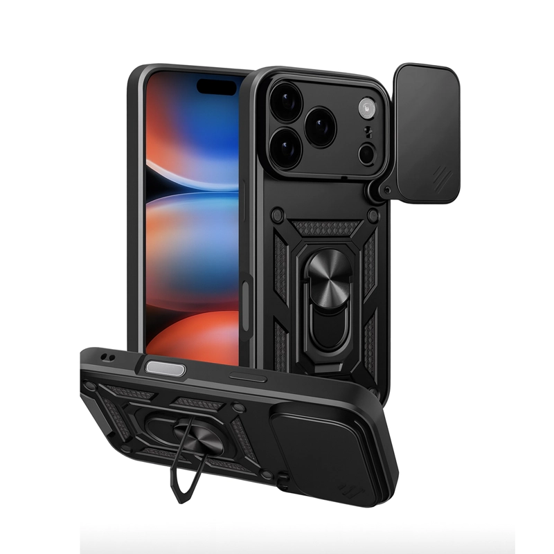 CARCASA ARMADURA CON ANILLO Y VENTANA CAMARA PARA IPHONE 17 PRO NEGRO