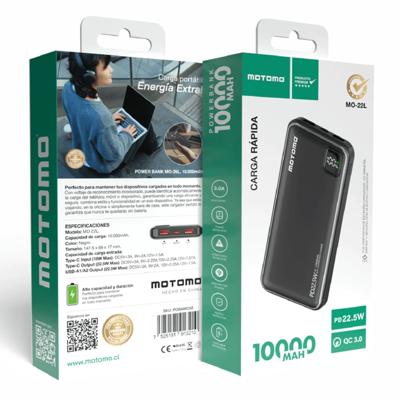 BATERIA EXTERNA POWER BANK 10000MA 22.5W MOTOMO MO-22L NEGRO - 4