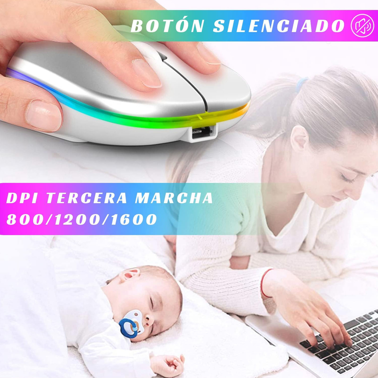 MOUSE INALAMBRICO RGB DUAL USB-BLUETOOTH RECARGABLE BLANCO - 4