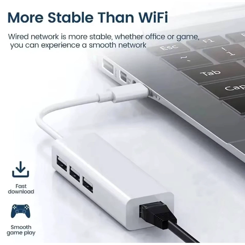ADAPTADOR USB-C CON HUB 3 PUERTO ETHERNET RJ45 - 6