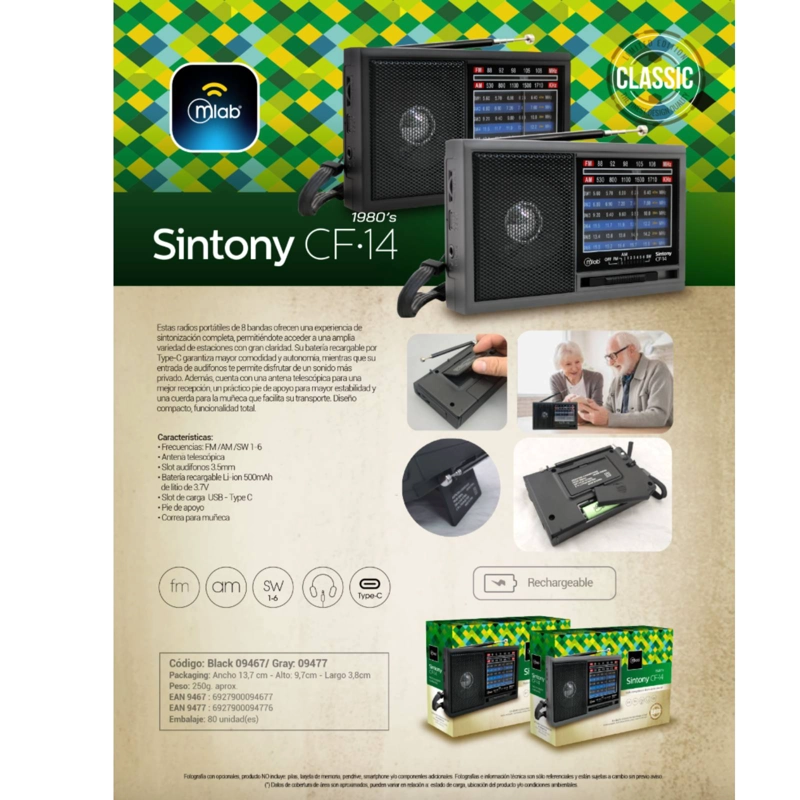 RADIO RECARGABLE MULTIBANDAS CLASICO AM / FM-SINTONY-NEGRO - 4
