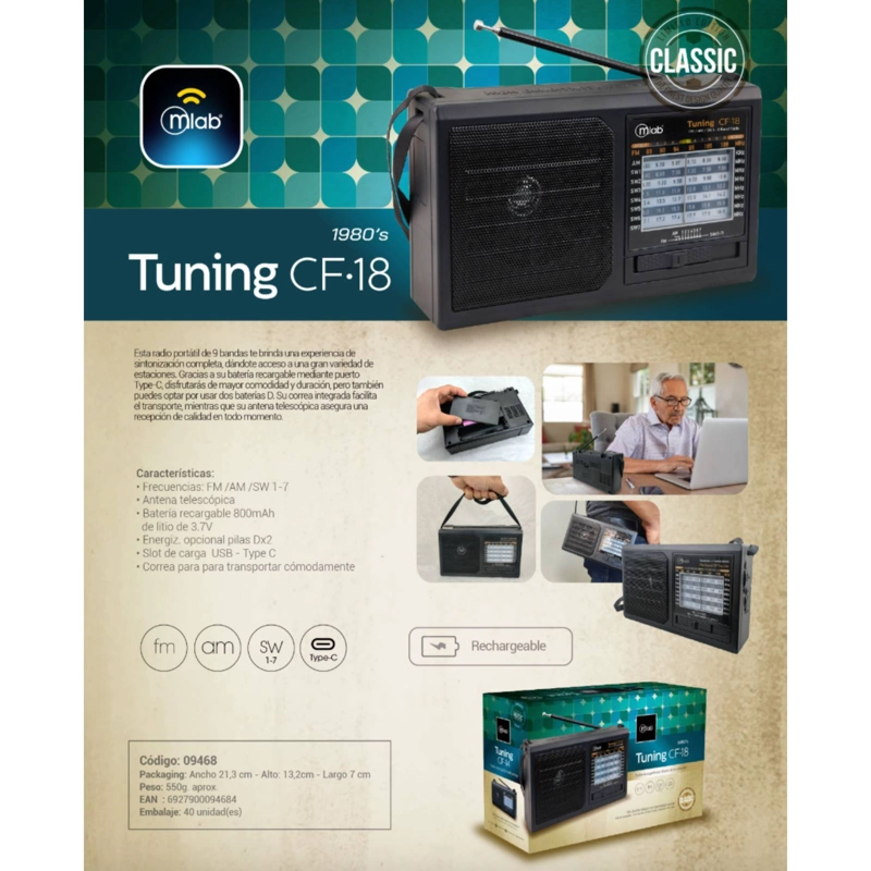 RADIO RECARGABLE MULTIBANDAS CLASICO AM / FM TUNING 9 BANDAS - 7