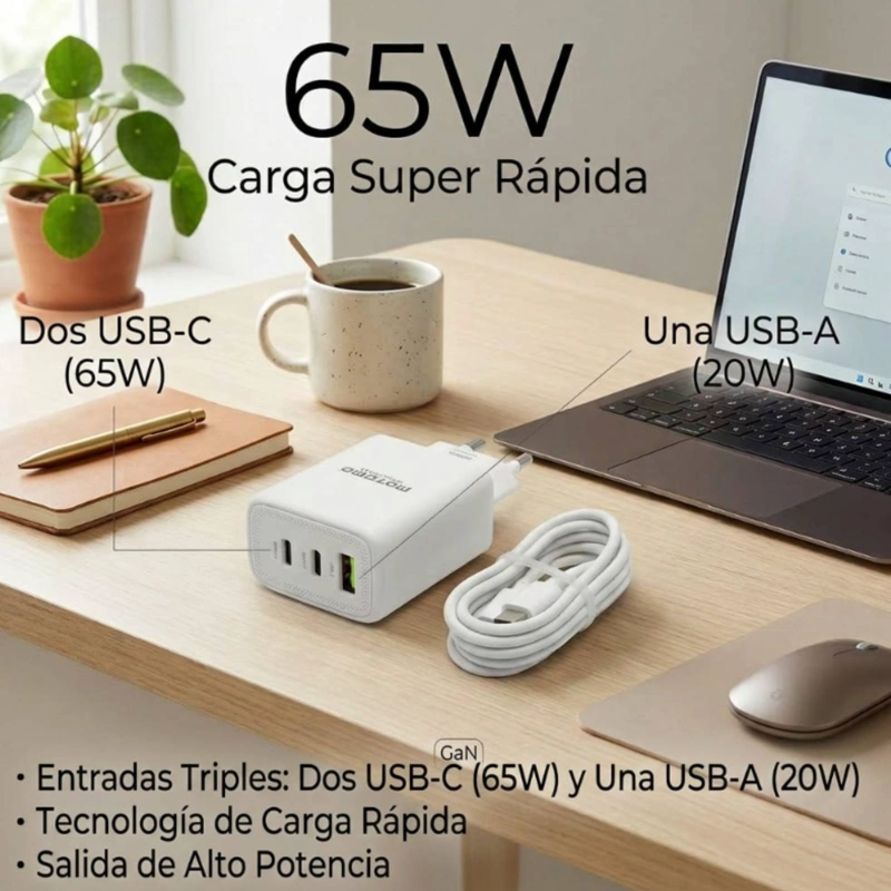 CARGADOR USB-C A USB-C COMPATIBLE CON IPHONE ANDROID 65W - 5