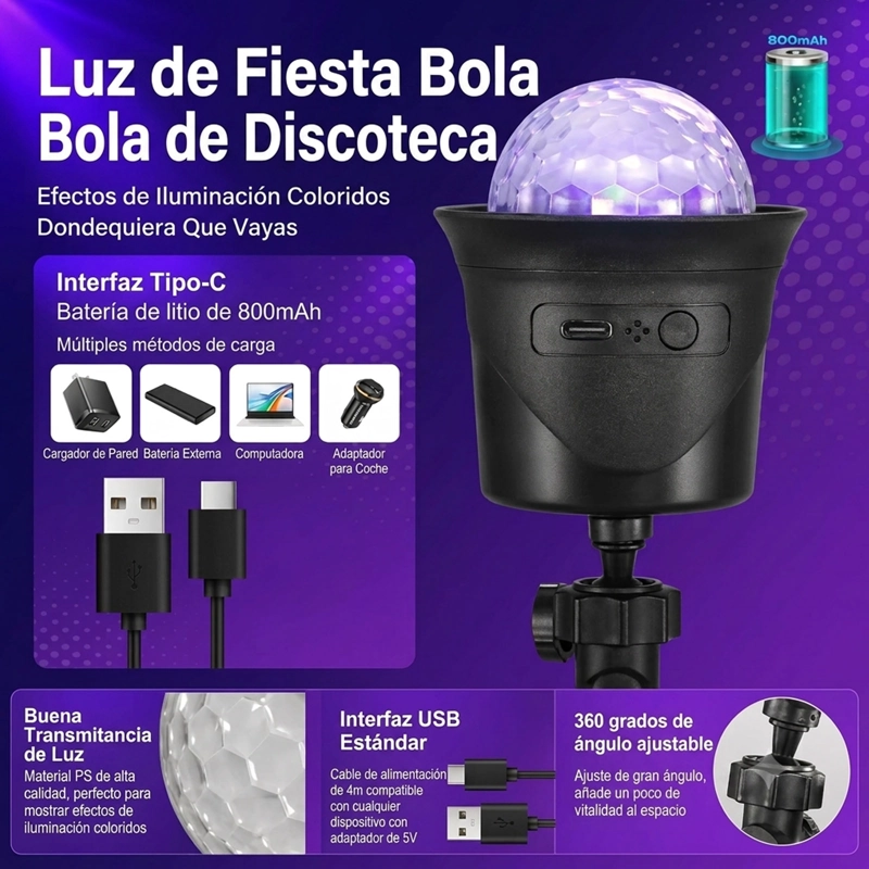 ESFERA DE LUZ RGB GIRATORIA PARA FIESTAS RECARGA INALAMBRICA - 2