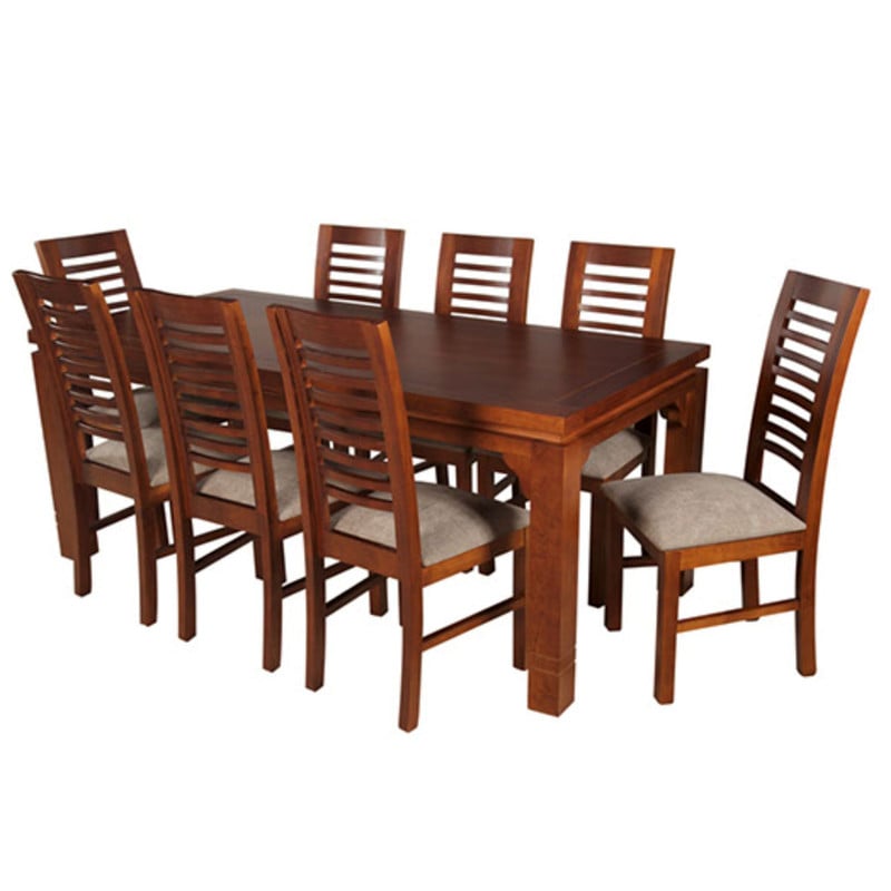 JUEGO DE COMEDOR LUCIANA RECTANGULAR 8 SILLAS MADERA COLOR MIEL TAPIZ CAFÉ JASPEADO - 7
