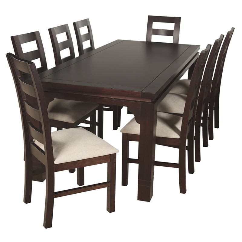 JUEGO DE COMEDOR AMELIA RECTANGULAR 8 SILLAS MADERA COLOR CHOCOLATE TAPIZ BEIGE JASPEADO - 1