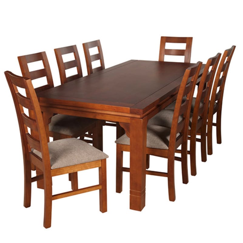 JUEGO DE COMEDOR AMELIA RECTANGULAR 8 SILLAS MADERA COLOR MIEL TAPIZ CAFÉ JASPEADO - 1