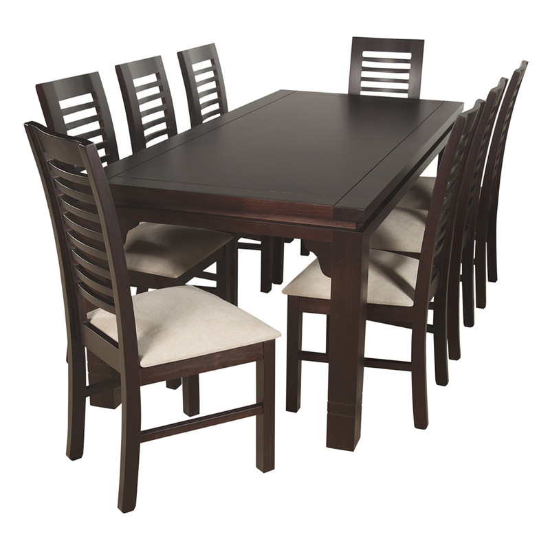 JUEGO DE COMEDOR LUCIANA RECTANGULAR 8 SILLAS MADERA COLOR CHOCOLATE TAPIZ BEIGE JASPEADO - 1