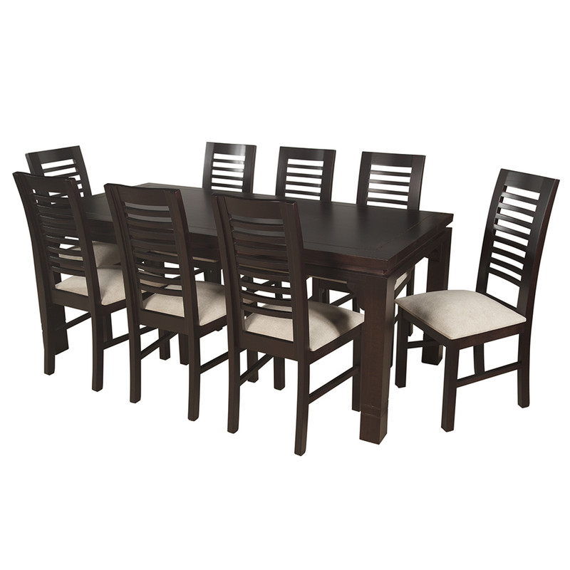 JUEGO DE COMEDOR LUCIANA RECTANGULAR 8 SILLAS MADERA COLOR CHOCOLATE TAPIZ BEIGE JASPEADO - 7