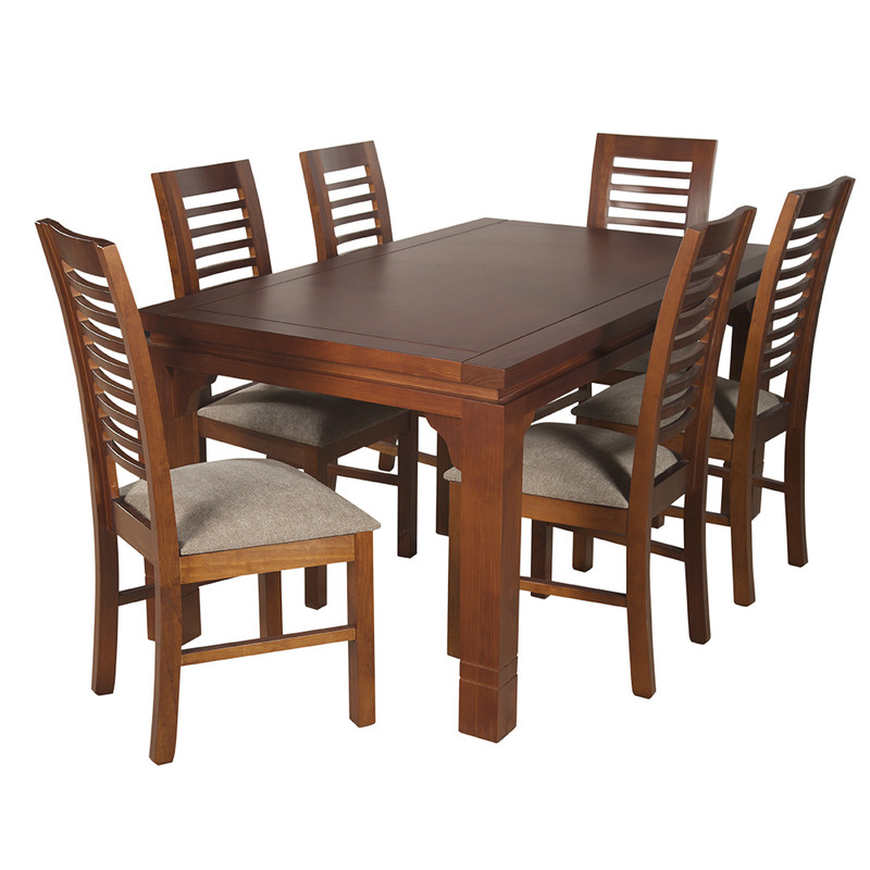 JUEGO DE COMEDOR LUCIANA RECTANGULAR 6 SILLAS MADERA COLOR MIEL TAPIZ CAFÉ JASPEADO - 1