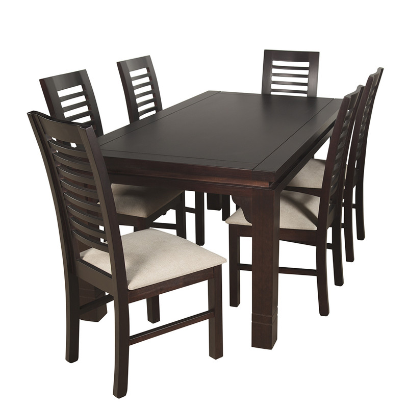 JUEGO DE COMEDOR LUCIANA RECTANGULAR 6 SILLAS MADERA COLOR CHOCOLATE TAPIZ BEIGE JASPEADO - 1