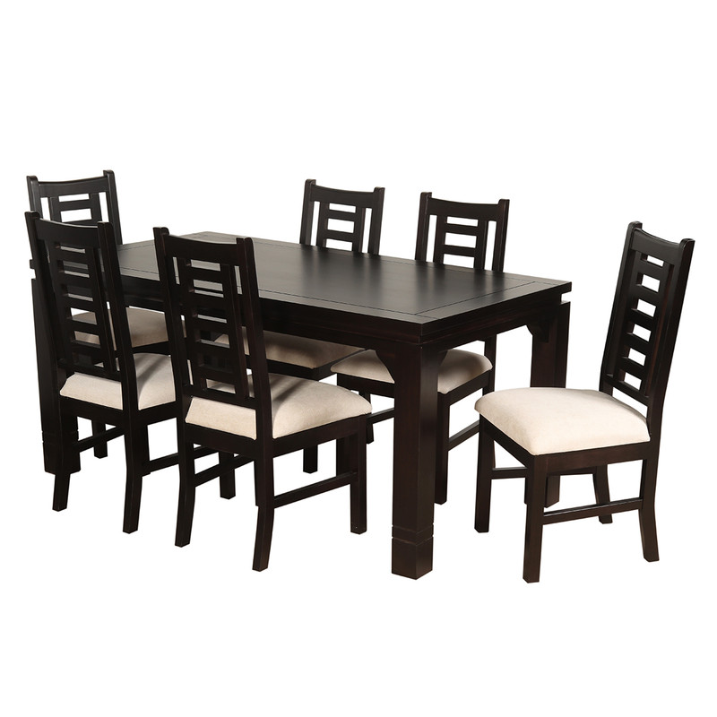 JUEGO DE COMEDOR PASCAL 92X170 CM 6 SILLAS MADERA COLOR CHOCOLATE TAPIZ BEIGE JASPEADO - 3