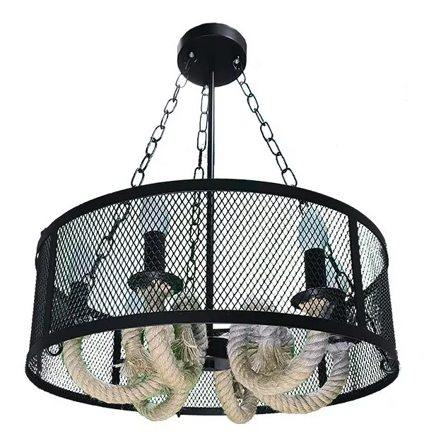 LAMPARA COLGANTE VINTAGE RUSTICA METAL CAÑAMO 6 LUCES - 1