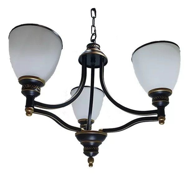LAMPARA COLGANTE NEGRO DORADO 3 TULIPAS VIDRIO BLANCO - 1